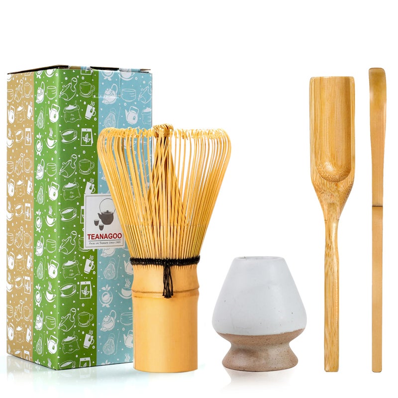 TEANAGOO ملحق حفل ماتشا الياباني خفق ماتشا (Chasen) مغرفة تقليدية (Chashaku) ملعقة شاي حامل خفق أبيض غير لامع I3 المجموعة المثالية لإعداد كوب تقليدي من ماتشا. - Image 1